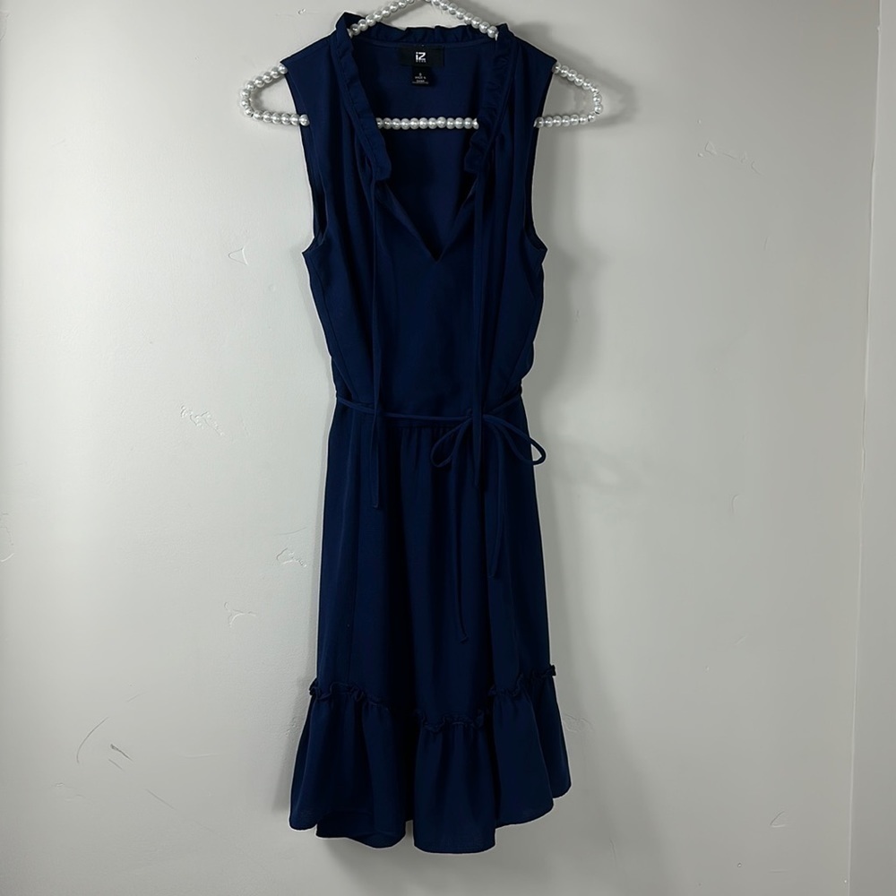 IZ BYER Navy Blue V Neck Ruffle Peasant Mini Dress Small